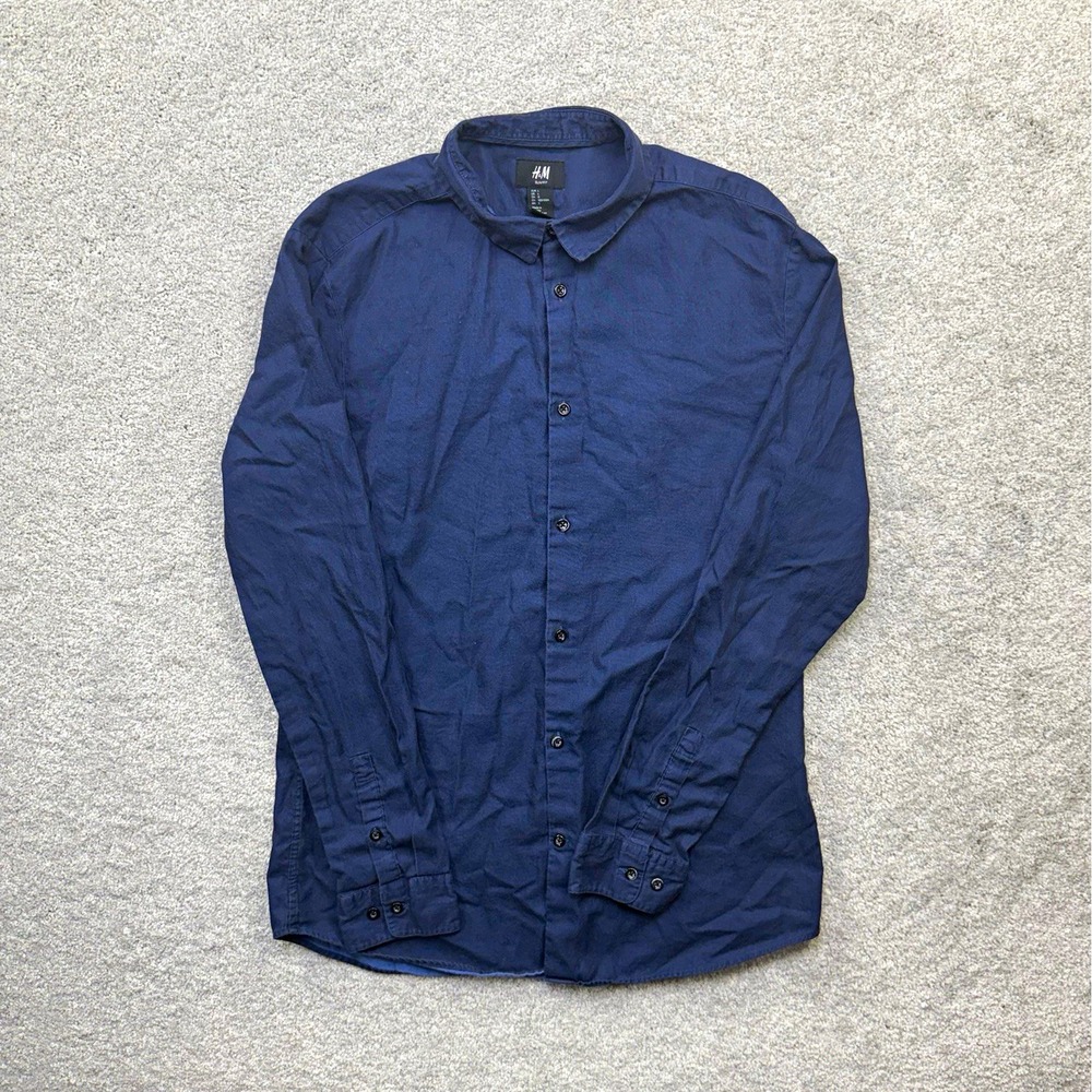 H&M Mens Slim Fit Button Down Shirt Size L Blue Long Sleeve Cotton Casual Top